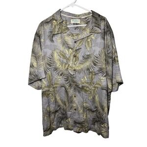 Caribbean Silk Blend Mens 3XB Grey Tropical Palm Herringbone Camp Shirt